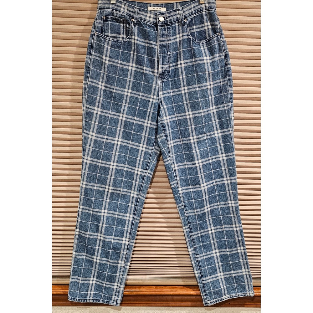 PacSun Plaid High Waisted Straight Leg Jeans Blue White Tech Pack 30x28.5
